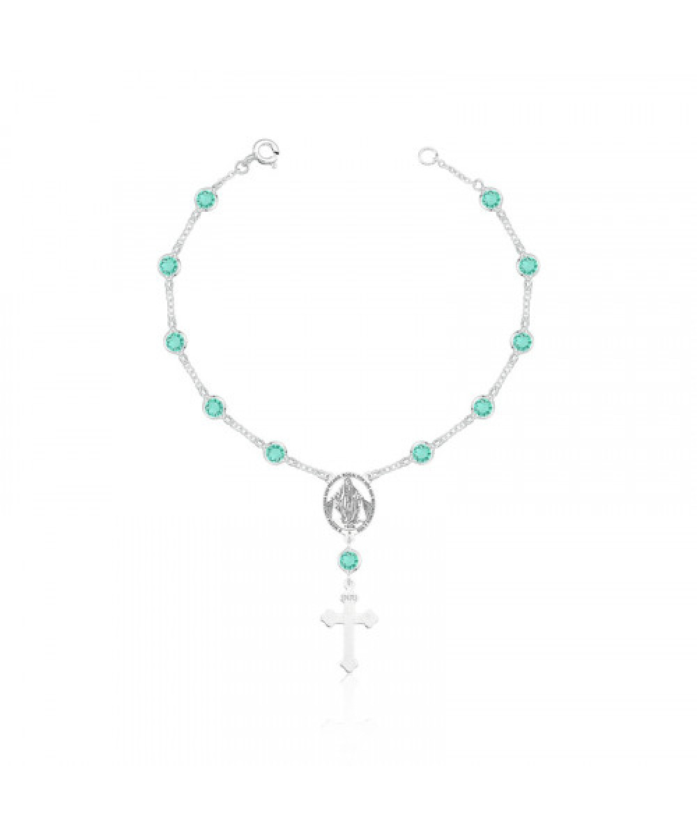 Pulseira de Prata Terço Nossa Senhora Zircônia Verde Claro