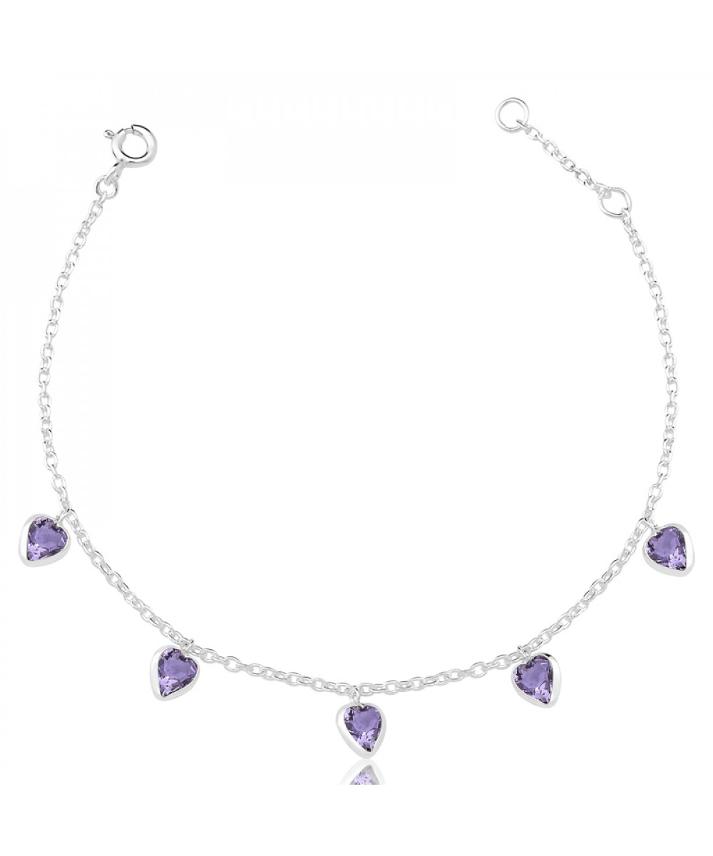 Pulseira de Prata Corações Pendurados Roxo