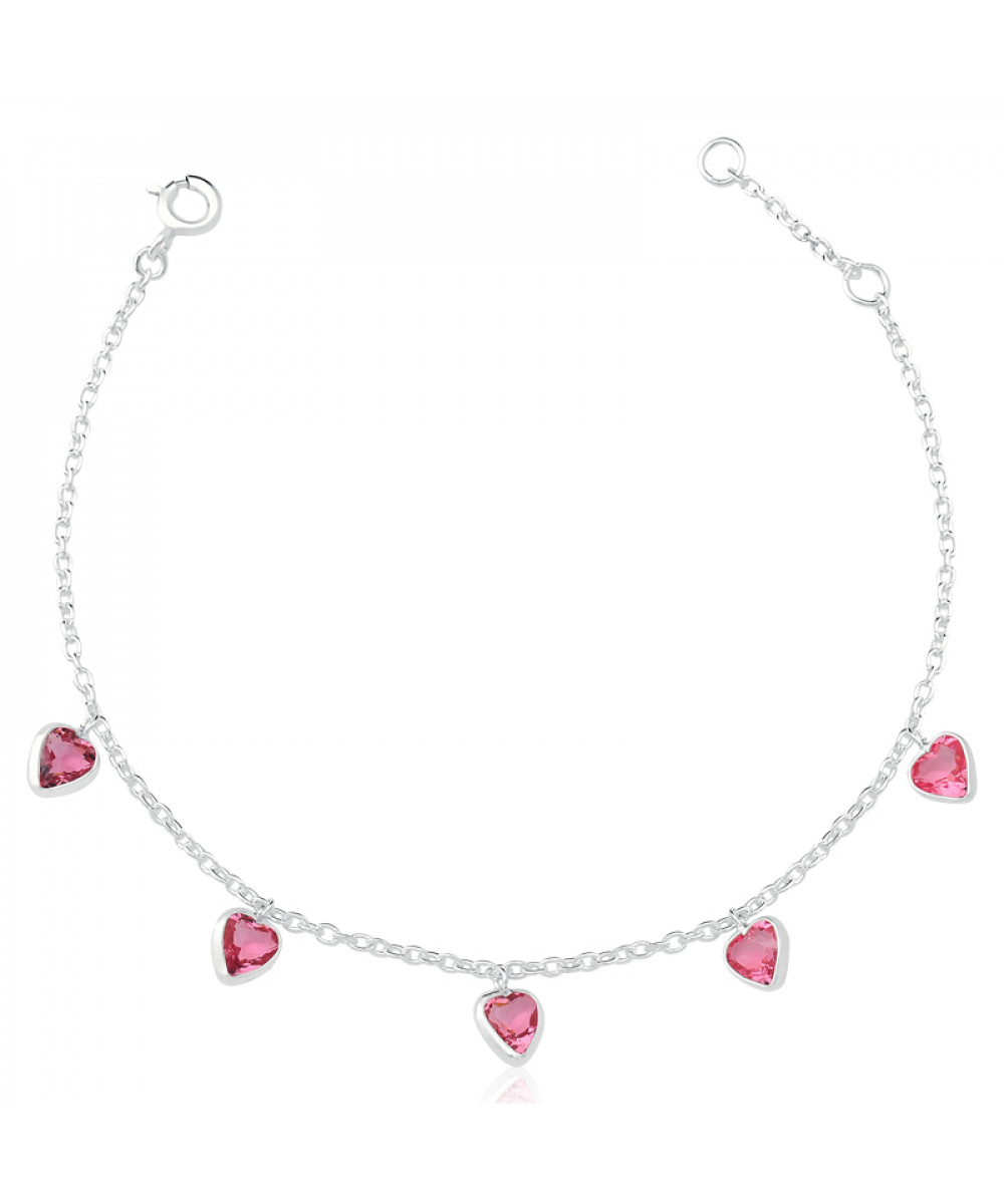 Pulseira de Prata Corações Pendurados Rosa