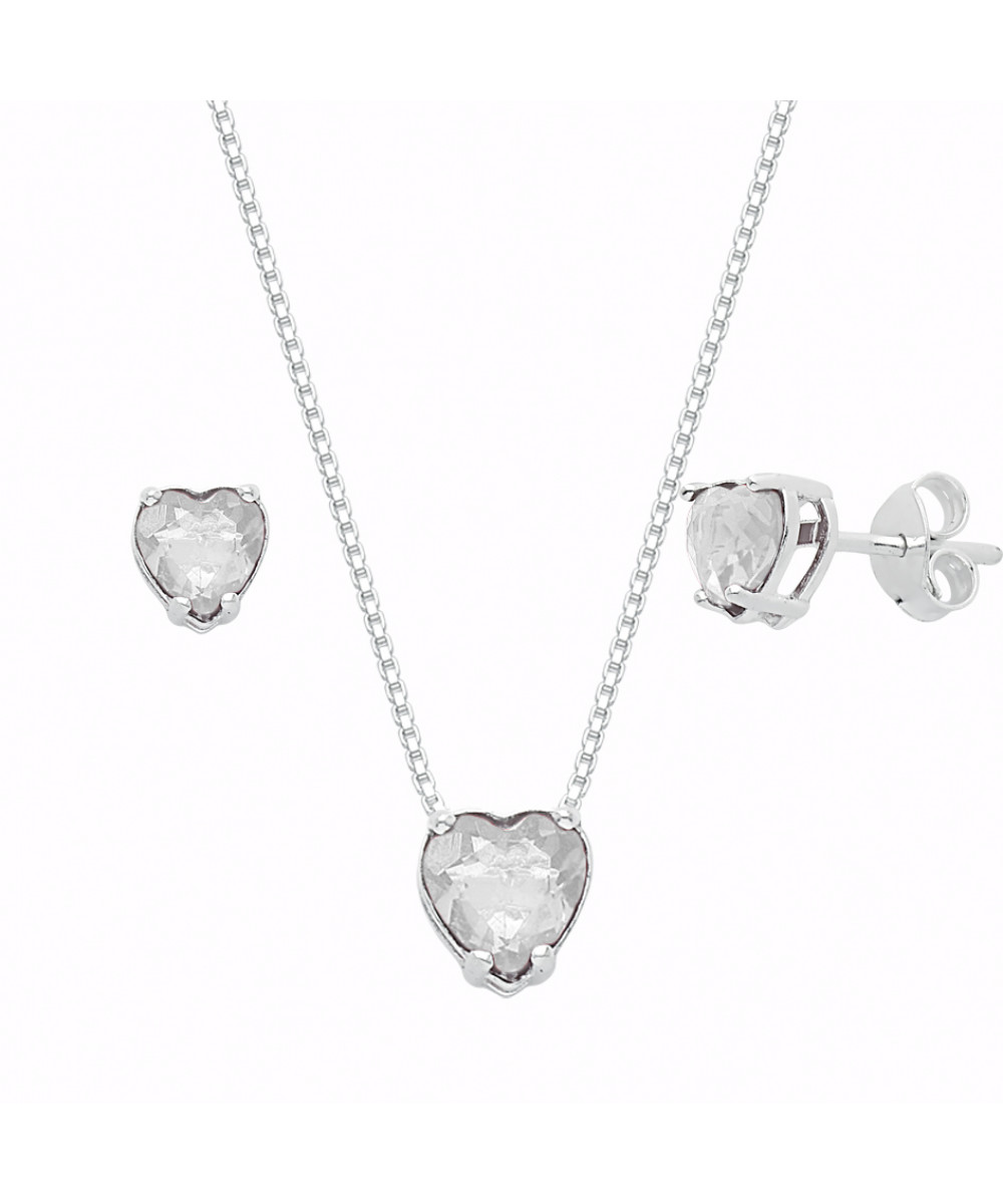 Conjunto de Prata Ponto de Luz Coração Cristal Translúcido