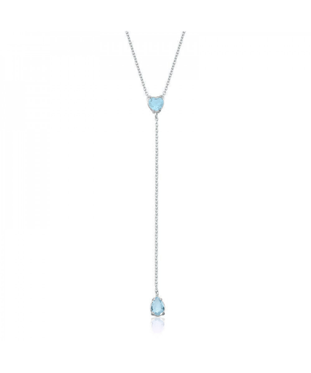 Colar de Prata Gravata Zircônia Coração e Gota Azul Claro