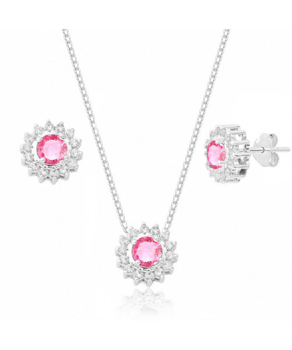 Conjunto de Prata Zircônia Rosa