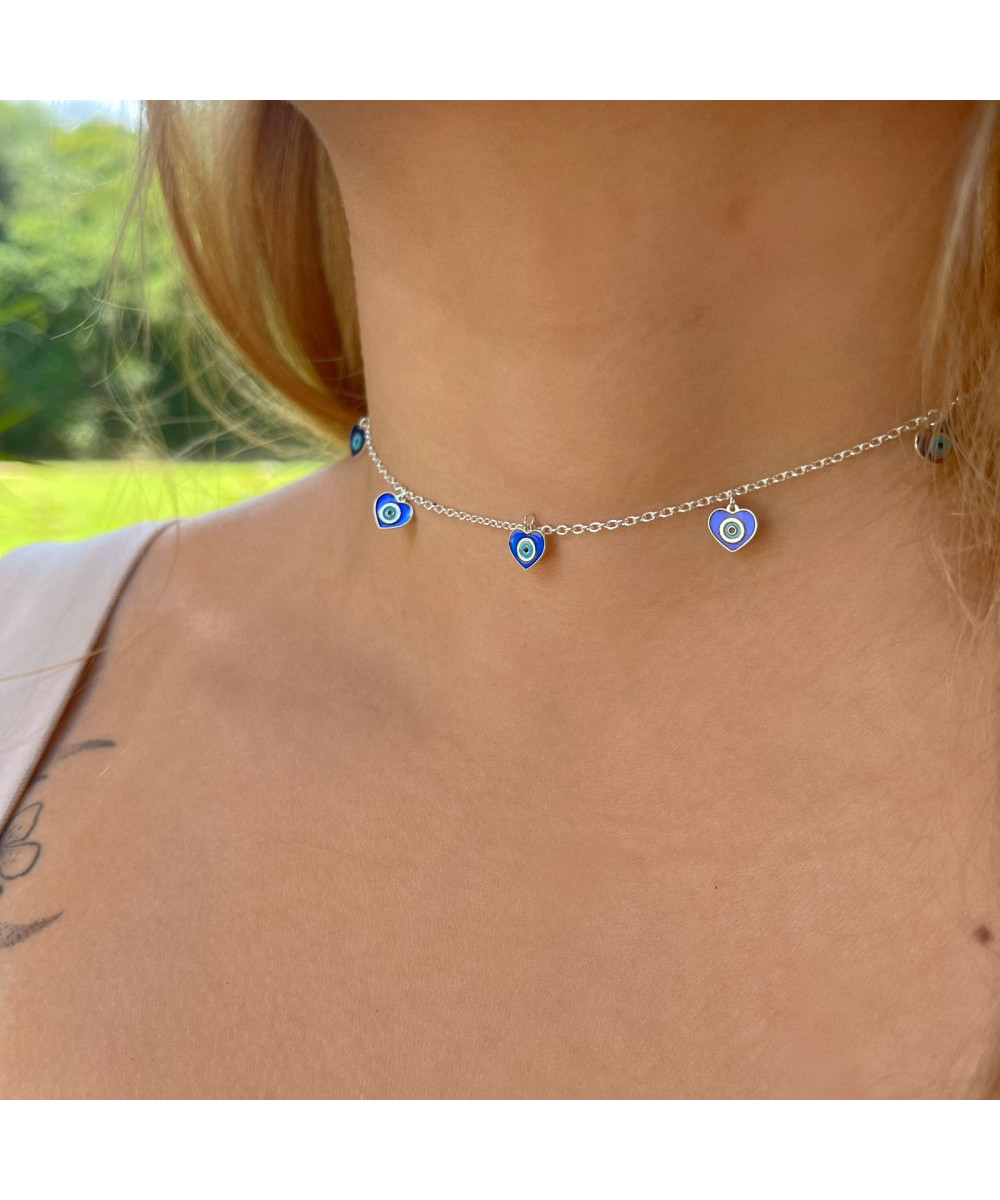 Choker de Prata Corações Olho Grego Azul 