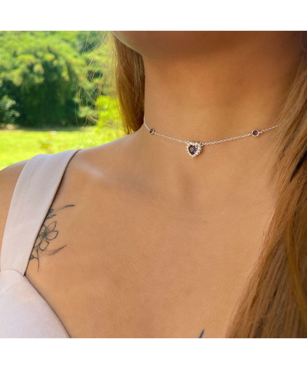 Colar de Prata Choker Coração Ametista