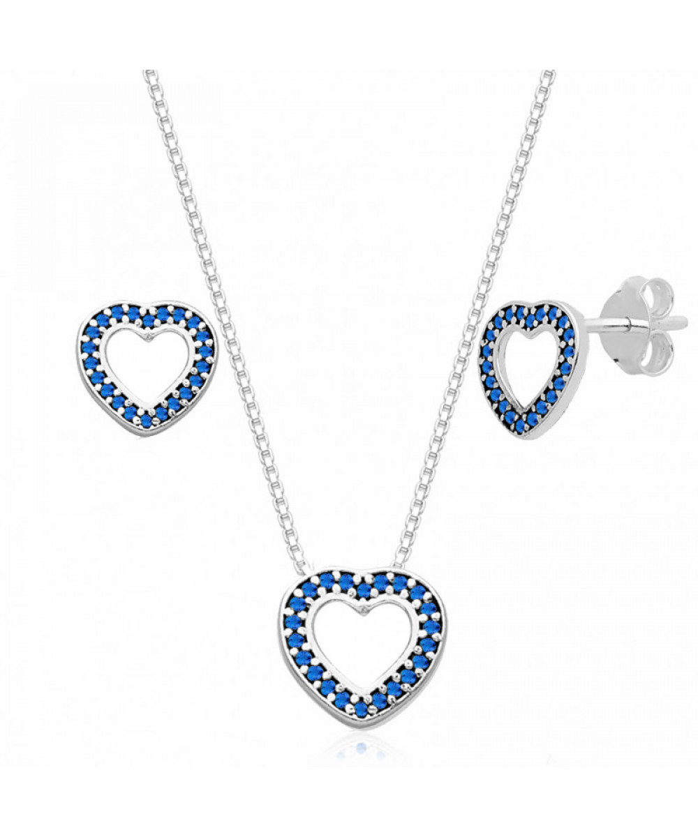 Conjunto de Prata Coração com Zircônia Azul Escuro