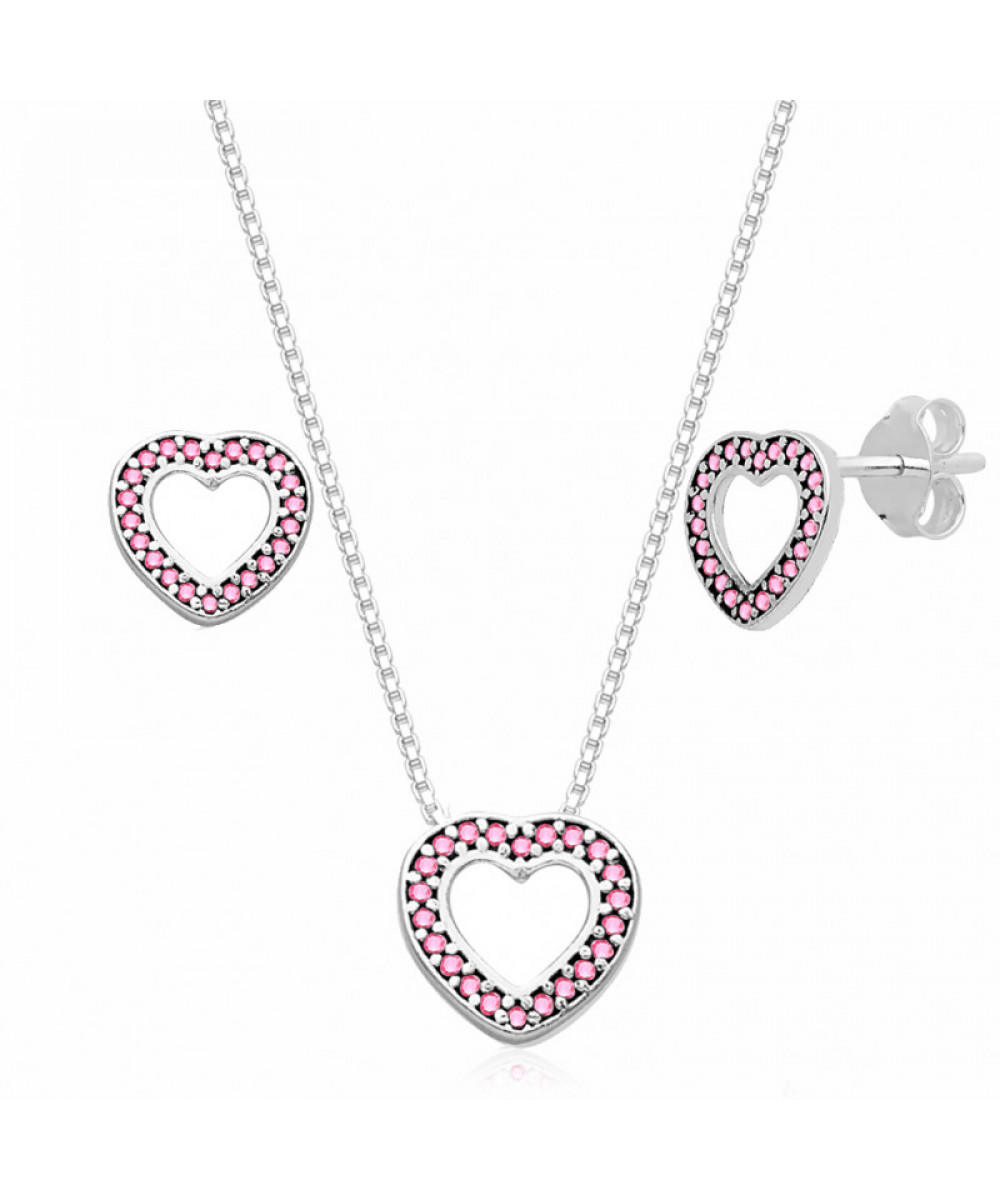 Conjunto de Prata Coração com Zircônia Rosa Claro