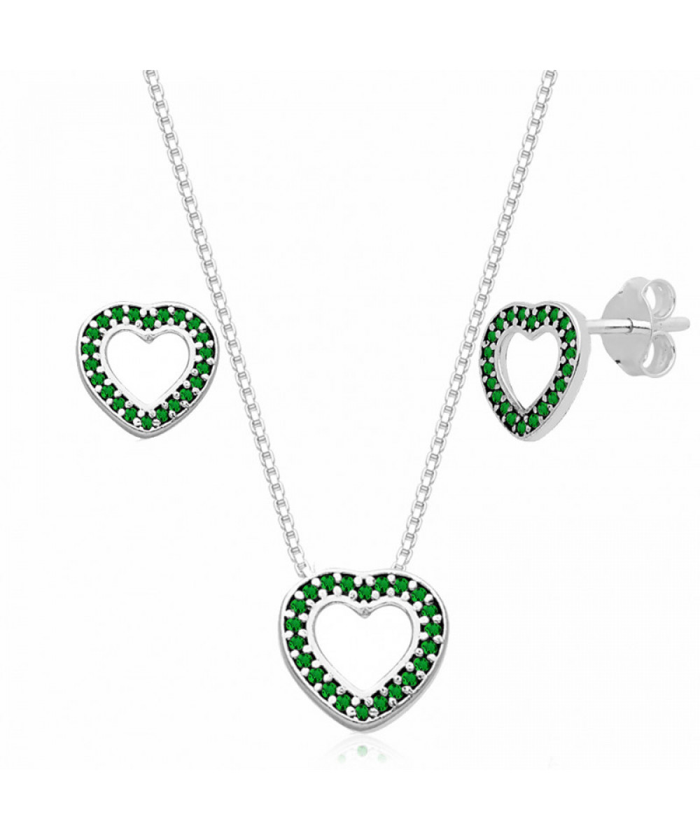 Conjunto de Prata Coração com Zircônia Verde