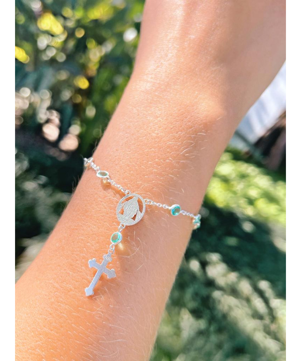 Pulseira de Prata Terço Nossa Senhora Zircônia Verde Claro