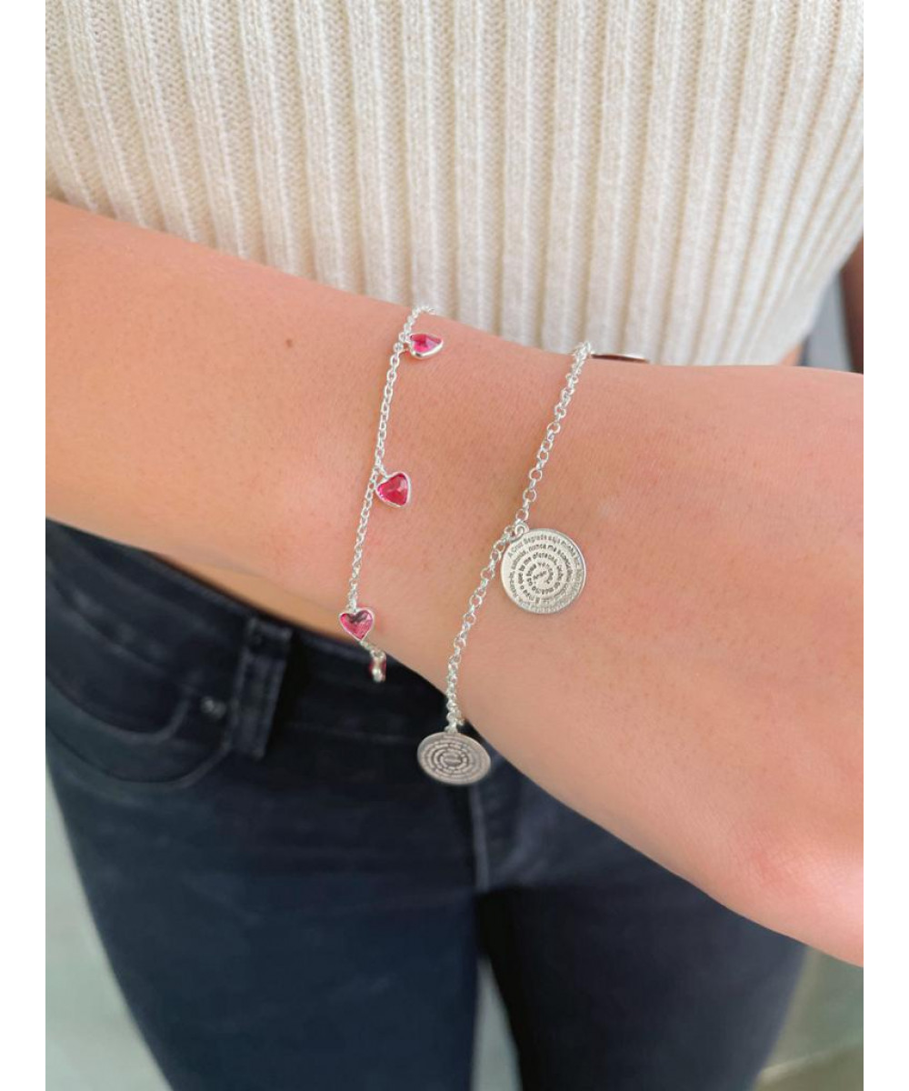 Pulseira de Prata Corações Pendurados Rosa