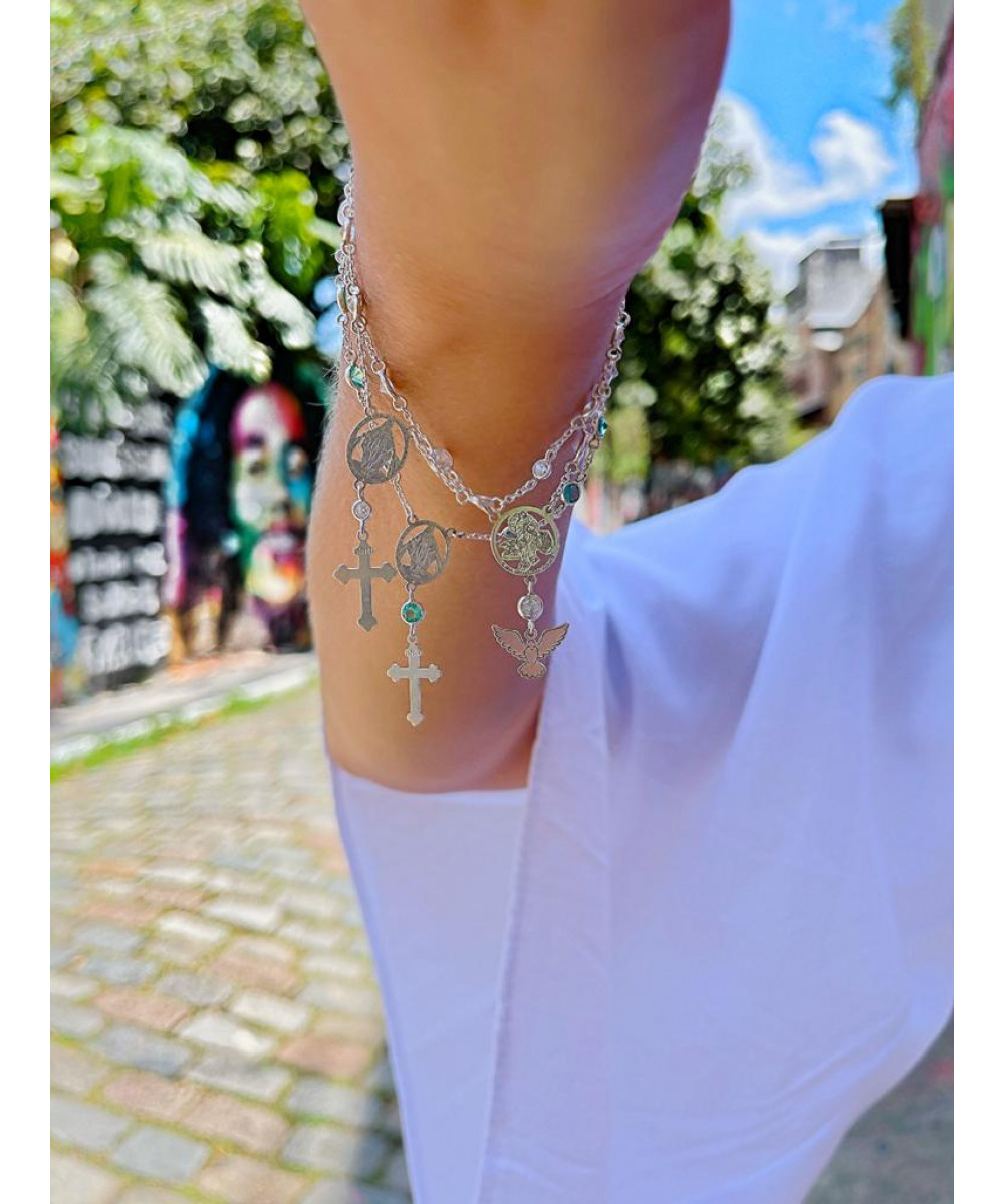 Pulseira de Prata Terço Nossa Senhora Zircônia Verde Claro
