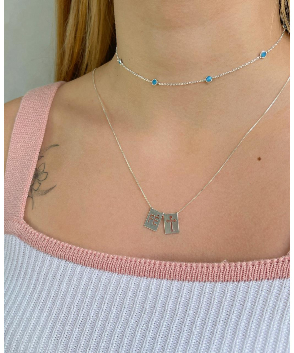 Colar de Prata Choker Pontos Turquesas