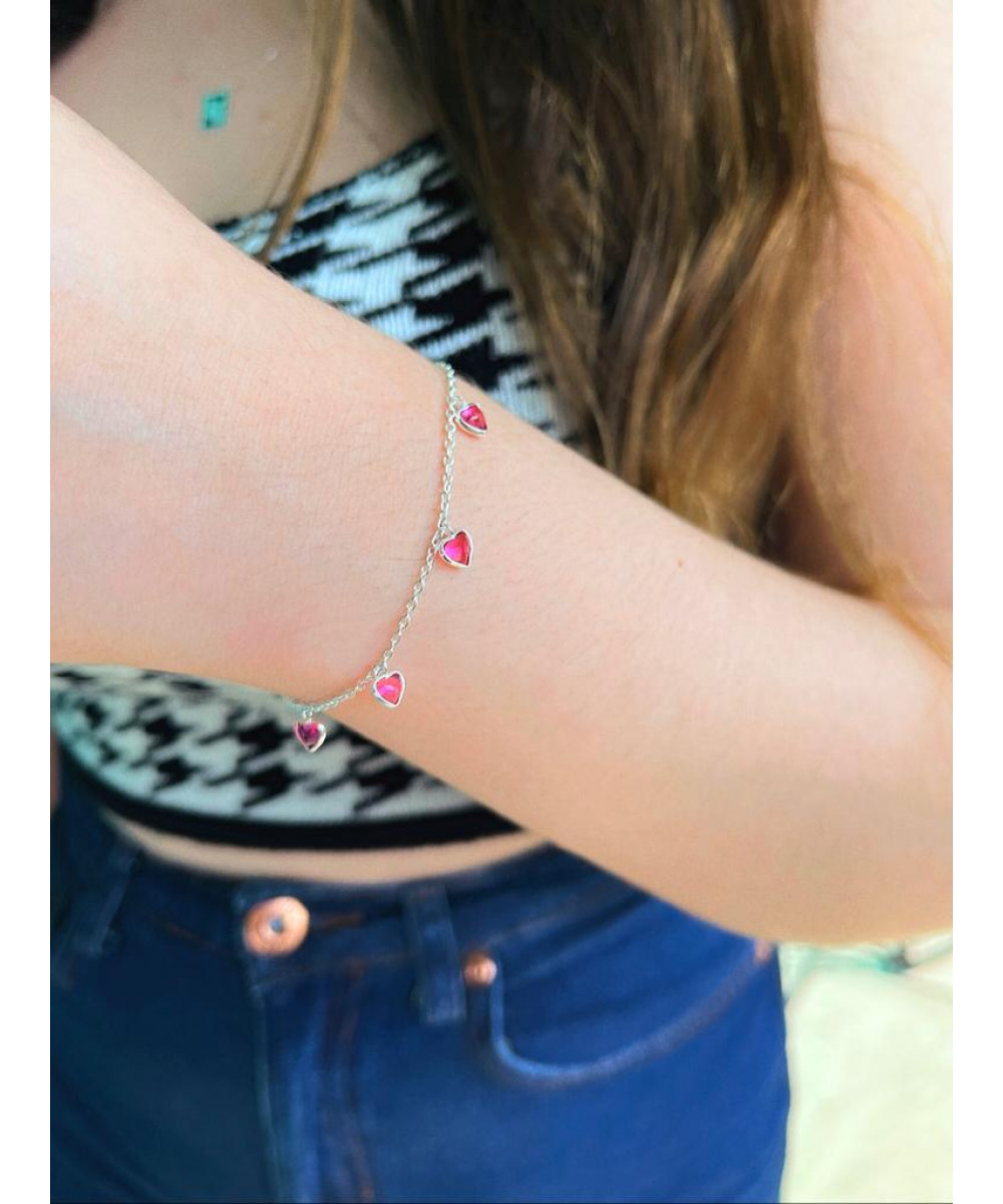 Pulseira de Prata Corações Pendurados Rosa