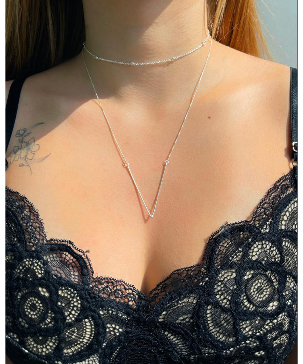 Colar de Prata Choker Pontos Zircônias