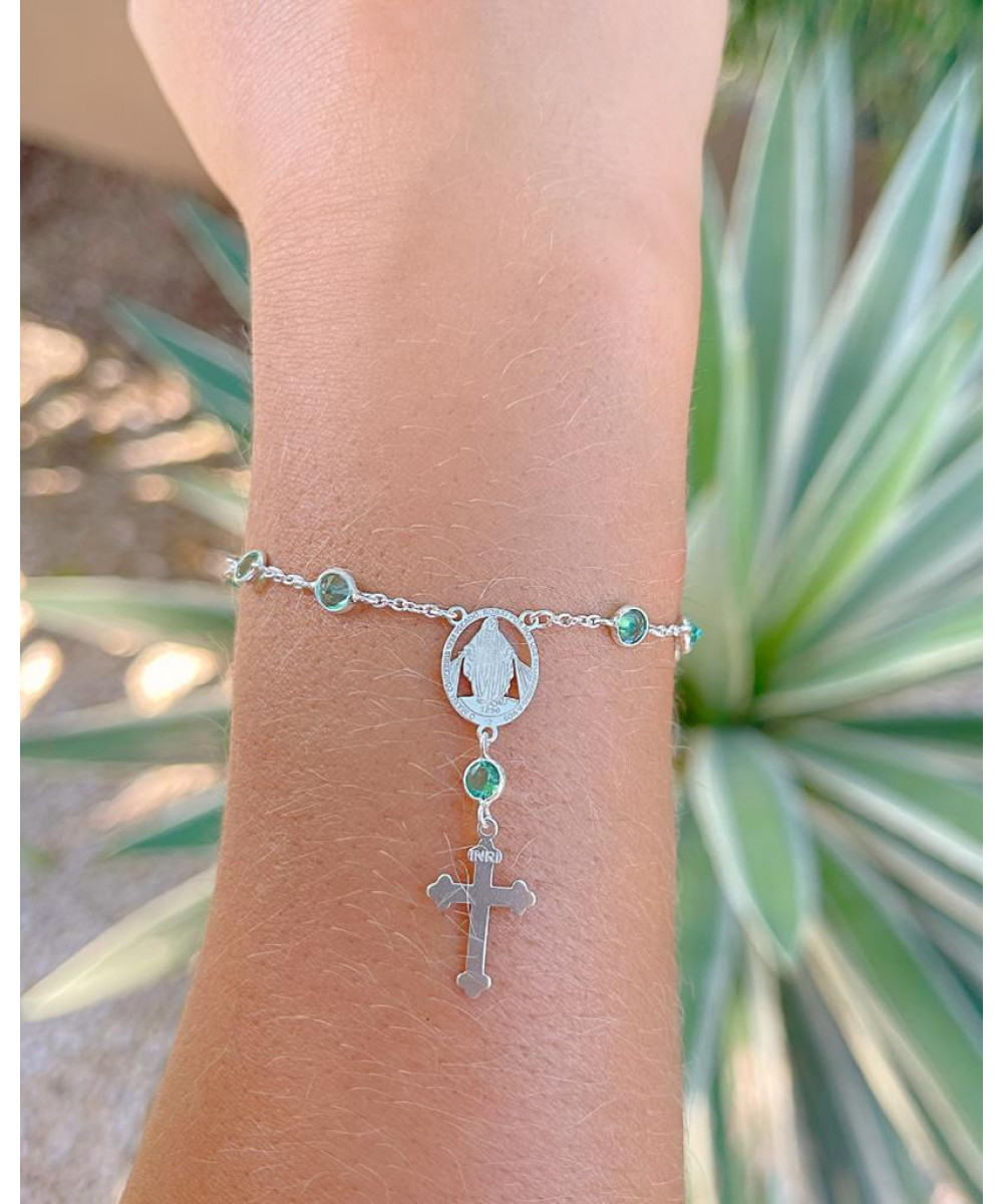 Pulseira de Prata Terço Nossa Senhora Zircônia Verde Claro