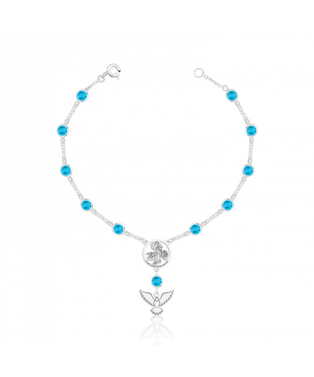 Pulseira de Prata Terço Nossa Senhora Zircônia Azul Claro