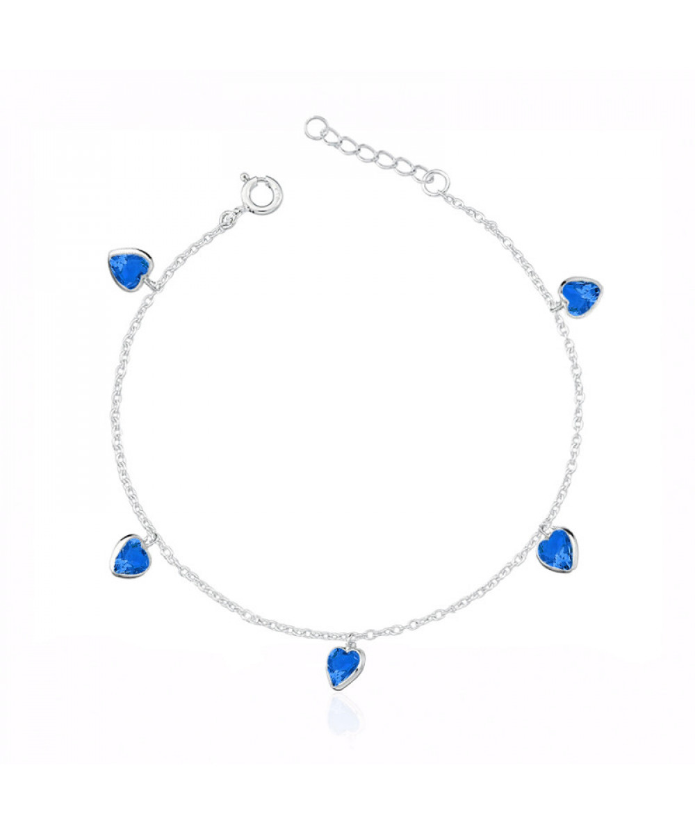 Tornozeleira de Prata Corações Pendurados Azul Escuro
