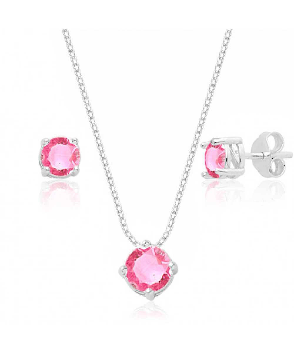 Conjunto de Prata Ponto de Luz Cristal Rosa