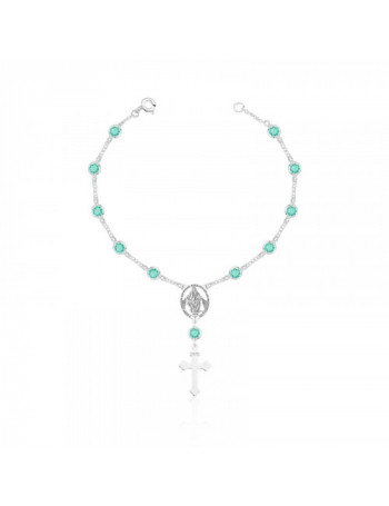 Pulseira de Prata Terço Nossa Senhora Zircônia Verde Claro