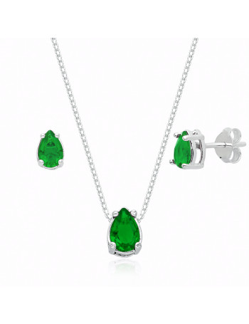 Conjunto de Prata Ponto de Luz Gota Cristal Verde
