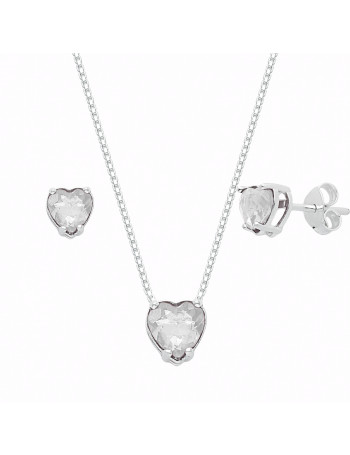 Conjunto de Prata Ponto de Luz Coração Cristal Translúcido