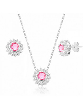 Conjunto de Prata Zircônia Rosa