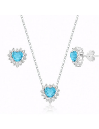 Conjunto de Prata Zircônia Coração Azul Claro