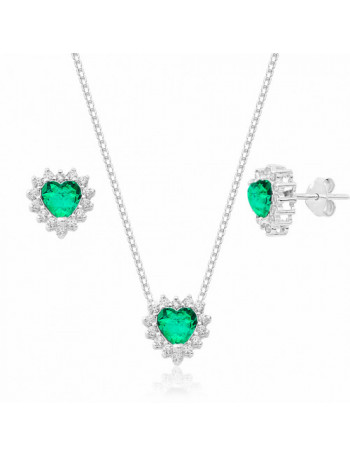 Conjunto de Prata Zircônia Coração Verde Claro