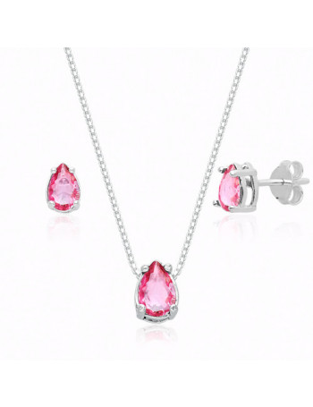 Conjunto de Prata Ponto de Luz Gota Cristal Rosa