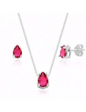 Conjunto de Prata Ponto de Luz Gota Cristal Cereja