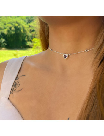 Colar de Prata Choker Coração Ametista