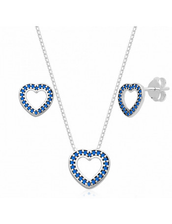 Conjunto de Prata Coração com Zircônia Azul Escuro