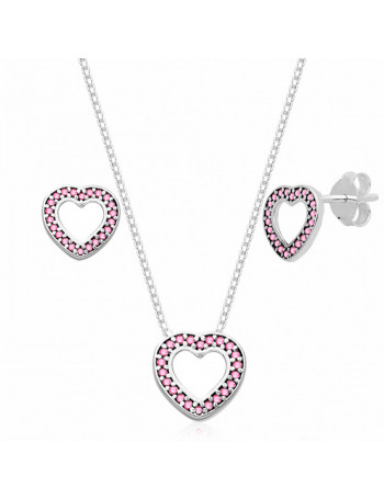 Conjunto de Prata Coração com Zircônia Rosa Claro