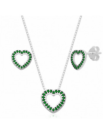 Conjunto de Prata Coração com Zircônia Verde