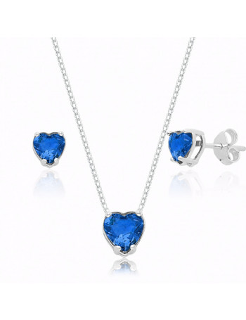 Conjunto de Prata Ponto de Luz Coração Cristal Azul Escuro