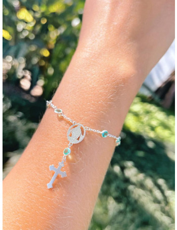 Pulseira de Prata Terço Nossa Senhora Zircônia Verde Claro