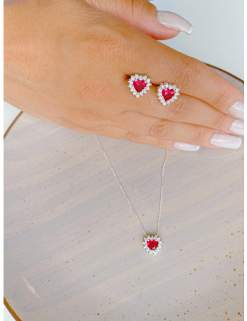 Conjunto de Prata Zircônia Coração Cereja