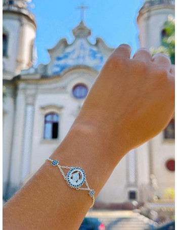 Pulseira de Prata Zircônia Nossa Senhora das Graças Oval Safira