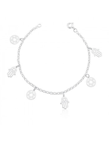 Pulseira de Prata Pingente Pendurados Hamsá e Estrela de Davi