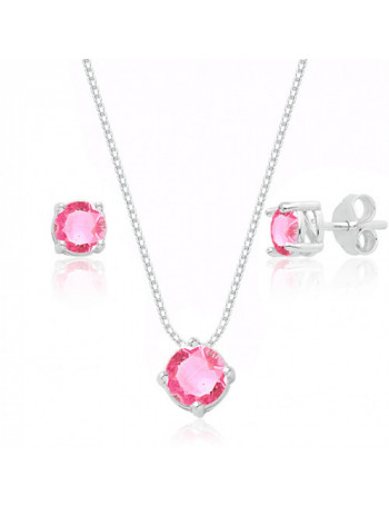 Conjunto de Prata Ponto de Luz Cristal Rosa